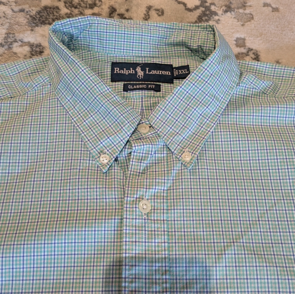 Polo Ralph Lauren Classic Fit Shirt Green Plaid Mens XXL Short Sleeve Button Up - Picture 6 of 14